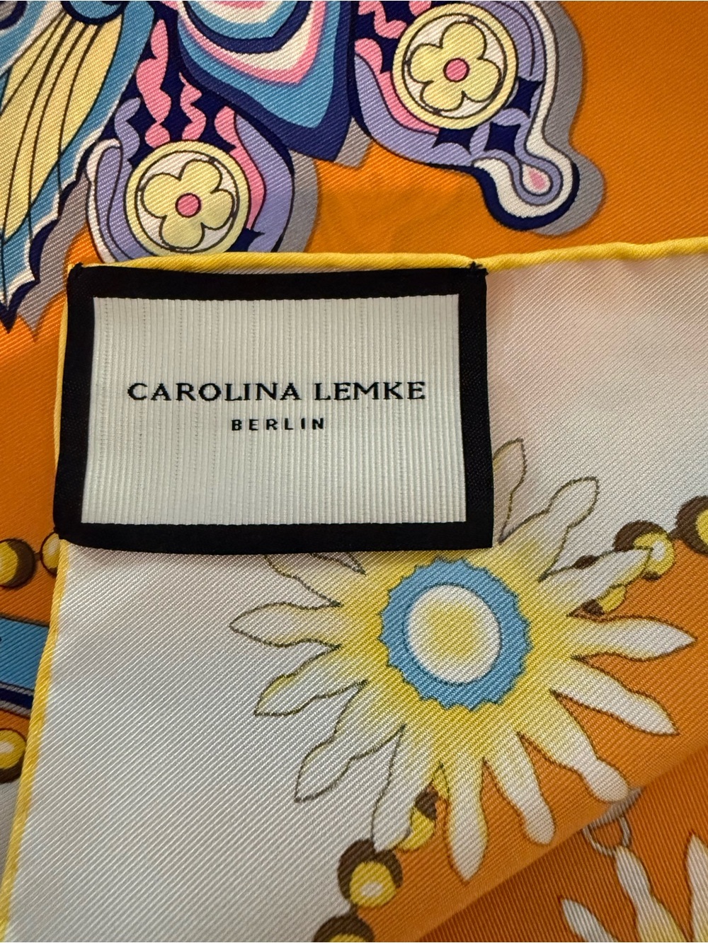 NEW Carolina Lemke Mulberry Silk Floral Butterfly Scarf in Orange Blue - Picture 5 of 7